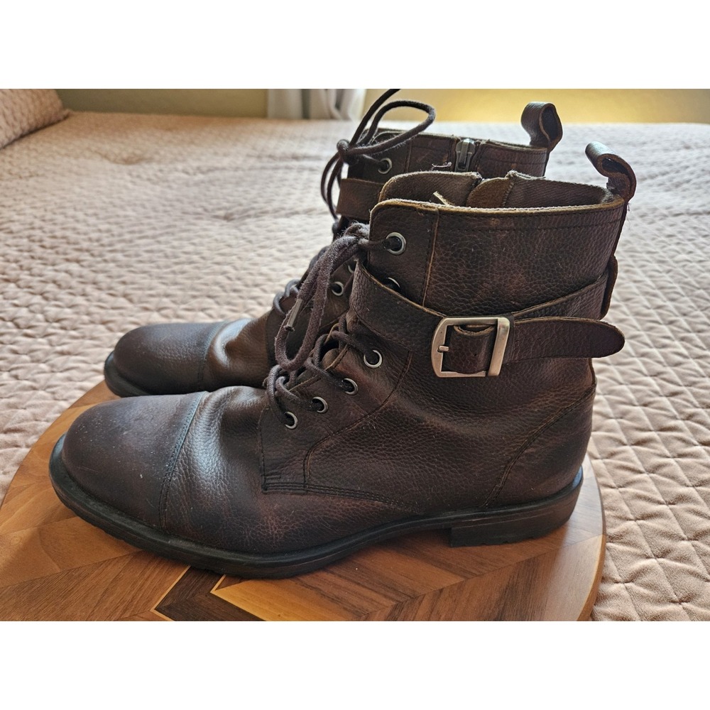 Banana Republic Men's Brown Pebbled Leather Lace Up Inner Zip Biker Boots, 11